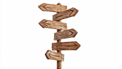 A wooden signpost with multiple arrows pointing in different directions, suggesting choices or guidance.