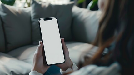 A person holding a blank smartphone while sitting on a sofa, surrounded by greenery and soft furnishings.