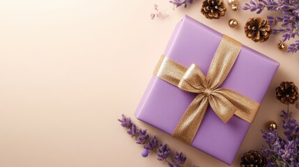 Wall Mural - A beautifully wrapped purple gift with a gold bow surrounded by lavender and pine cones.