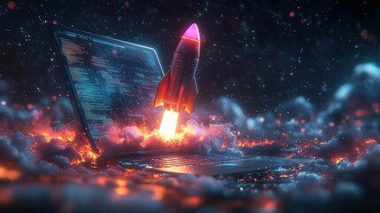 Wall Mural - futuristic composition of a sleek laptop with a vibrant rocket emerging from the screen symbolizing highspeed internet against a backdrop of streaming data