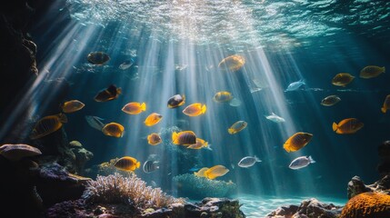 A colorful fish swims in a tank with other fish