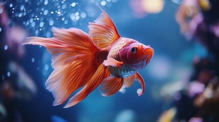 A colorful fish swims in a tank with other fish