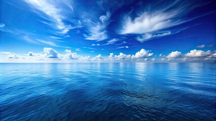 Vast blue ocean under clear blue sky with horizon and white clouds forced perspective