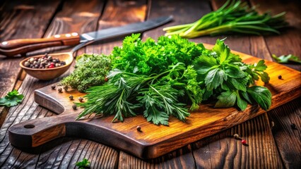 A wooden cutting board displays freshly chopped herbs, ready to enhance culinary dishes and perfect for garnishing, adding flavor and freshness to your creations.