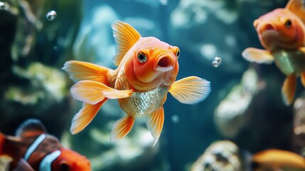 A colorful fish swims in a tank with other fish