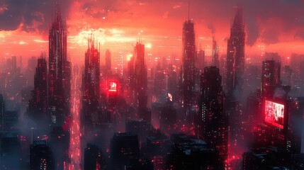 Wall Mural - futuristic geometric cityscape bathed in neon red glow abstract skyscrapers holographic billboards and sleek transit systems create a cyberpunkinspired urban environment