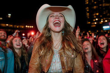 Crowd at a country music show, everyone is wearing a cowboy hat, hapinnes, joy . AI generative.