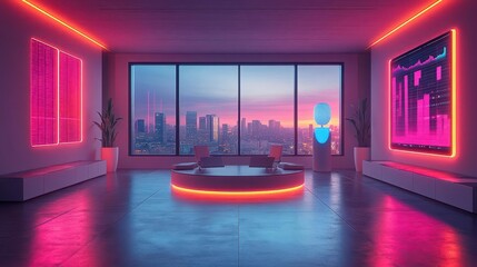 Sticker - futuristic social media command center holographic screens displaying analytics ai assistant avatar neon accents in a minimalist white room