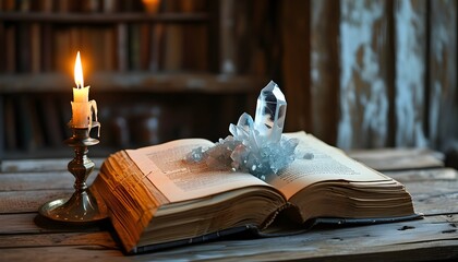 Mystical ambiance of an ancient book illuminated by flickering candles and shimmering crystals on a rustic wooden table