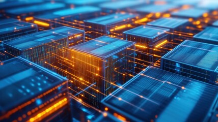 Poster - Aerial View of a Glowing Data Center Structure