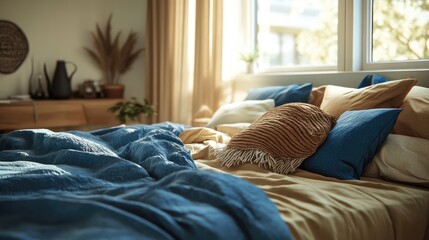 Bed with blue and beige bedding Boho, farmhouse interior design of modern bedroom