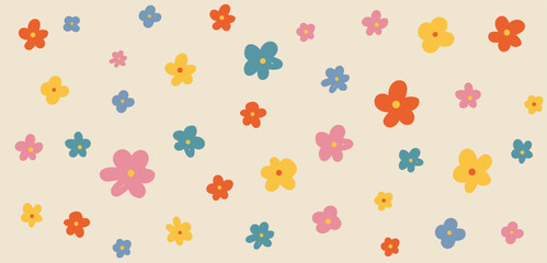 Wall Mural - flowers hand drawn y2k seamless pattern. vector colorful doodle funny confetti background in 70s gro