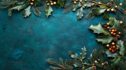 Classic Christmas background with traditional red and green colours, holly, and mistletoe