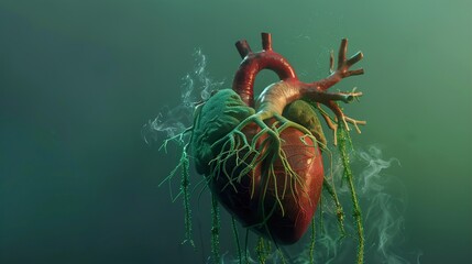 Wall Mural - Human Heart Overgrown with Vines and Smoke - 3D Digital Art