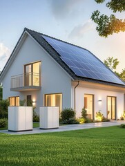 Wall Mural - A modern house featuring solar panels on the roof and battery storage units, set in a serene green landscape at dusk.