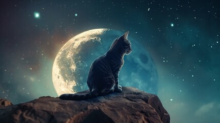 Wall Mural - playful cat sitting on the moon's surface, surrounded by stars and a mystical night sky, perfect for