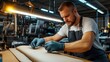 © Sumet - A focused craftsman meticulously working with materials in a well-lit workshop, demonstrating skill and precision in his craft.