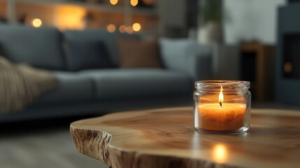 Close up of grunge glass jar with burning candle on wooden live edge accent coffee table against grey sofa Minimalist loft home interior design of modern living room