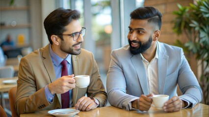 Wall Mural - Two Indian business partners discussing future plans over coffee in a corporate setting.
