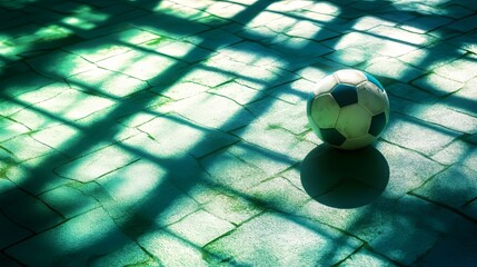 A white and blue soccer ball is sitting on a green tile floor