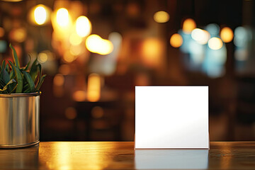 A blank white square card sits on the table of an urban coffee shop, with blurred lights in the background. Created with Ai