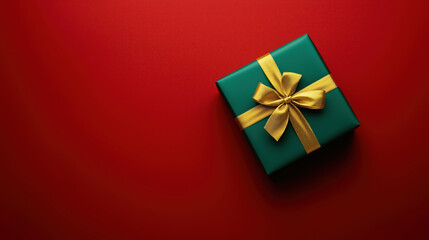 A green gift box with a festive golden ribbon on a red background.