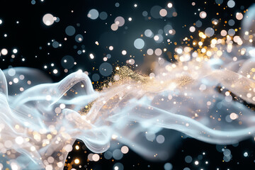 Poster - This striking abstract wallpaper showcases elegant trails of light and smoke, embellished with golden sparkles set against a deep black background, creating a mesmerizing visual experience