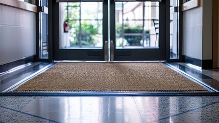 A close-up of a brown doormat in front of a glass door, with a shiny, reflective floor.