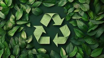 A green recycling symbol surrounded by leaves emphasizes sustainability and environmental consciousness.