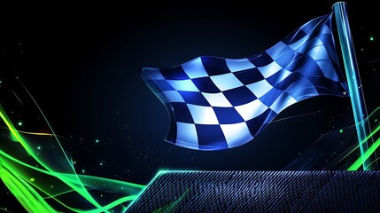 Canvas Print - Checkered flag waving in the wind, with a glowing green and blue abstract background.