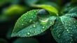 © julija - macro shot of water droplet on vivid green leaf perfect sphere reflecting miniature ecosystem soft bokeh background dewdrop natures purity