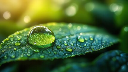 Wall Mural - macro shot of water droplet on vivid green leaf perfect sphere reflecting miniature ecosystem soft bokeh background dewdrop natures purity