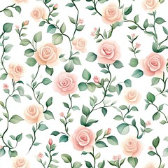 Sticker - A delicate floral pattern featuring soft pink roses and green leaves on a white background, perfect for elegant designs and decor.