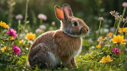 A charming rabbit sits quietly in a bright meadow, surrounded by vibrant flowers and greenery, capturing the peaceful essence of spring.