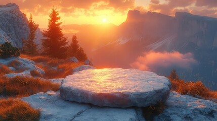 majestic sunrise illuminating rugged mountain landscape natural stone table in foreground golden hour warmth long shadows mistfilled valleys