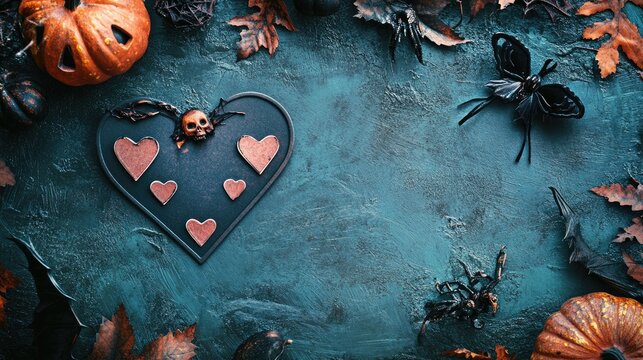 A Halloween greeting card featuring heart-shaped postal elements and spooky decorations, with room for a personalized message on the banner.