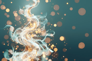 Poster - A mesmerizing swirl of smoke and golden particles gracefully dances against a calming blue backdrop, ideal for enhancing any digital space with elegance and creativity
