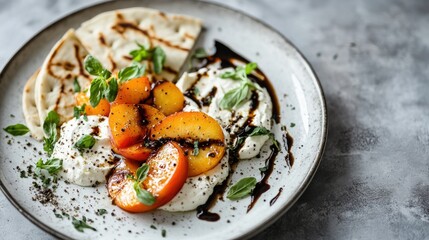 Wall Mural - A savory plate featuring whipped ricotta, roasted peaches, and herbs, with pita slices and balsamic drizzle on a simple plate with ample copy space.