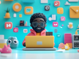 Poster - A happy cartoon man with a beard is using a laptop with colorful icons floating around him.