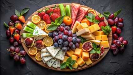 Wall Mural - A vibrant cheese and fruit platter artfully arranged against a dark background, perfect for entertaining.