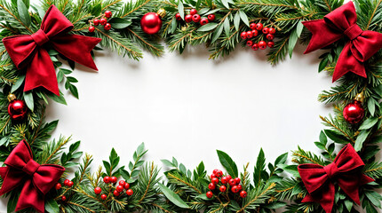 Wall Mural - festive christmas wreath frame with red bows, berries, and evergreen branches. on white background. 