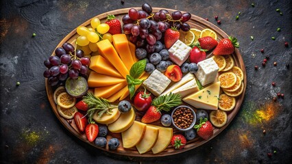 Wall Mural - A vibrant cheese and fruit platter artfully arranged against a dark background, perfect for entertaining.