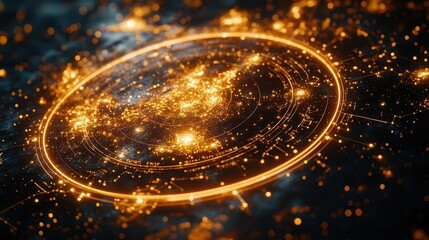 Wall Mural - mystical zodiac wheel illuminated by golden starlight against a deep night sky constellations twinkl