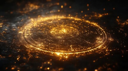 Wall Mural - mystical zodiac wheel illuminated by golden starlight against a deep night sky constellations twinkl