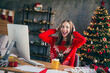 © deagreez - Photo of nice young girl work computer excited amazed wear christmas clothes enjoy modern cozy x-mas party decoration interior flat indoors