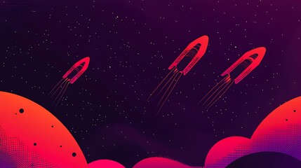 Poster - Three red rockets fly through space with a purple and pink nebula background.