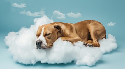 Peaceful dog nestled on a fluffy cloud against a serene blue sky, capturing a dreamy and whimsical atmosphere of comfort and tranquility