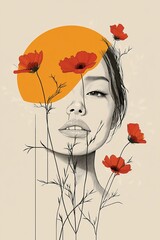 illustration of a girl with a flower head, delicately rendered in light pink and amber tones. The modernist lines and abstract botanical elements give the artwork a refined and elegant feel