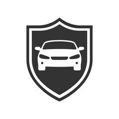 Wall Mural - Car on the shield graphic icon. Car insurance sign isolated on white background. Symbol of protections car. Vector illustration