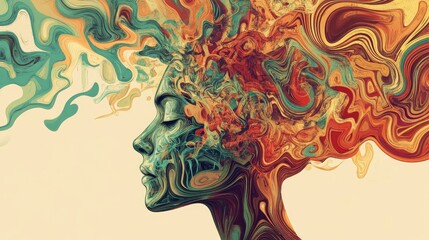 Poster - Illustration of a human head filled with complex patterns, showing the overwhelming nature of overthinking. No logo, mental exhaustion concept.